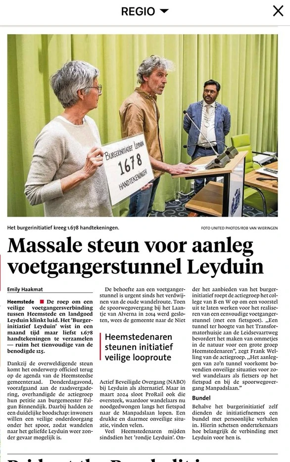 Krantenartikel: Massale steun voor aanleg voetgangerstunnel Leyduin